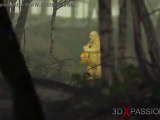 Hijau raksasa ogre mengongkek keras yang berahi perempuan goblin arwen dalam yang enchanted hutan