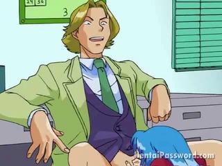 Blue Haired Manga girl Sucking An Immense Schlong On Her Knees