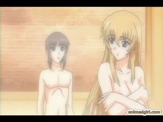 Rondborstig anime poking van achter in de badkamer