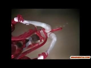 Tatlong-dimensiyonal anime nahuli sa pamamagitan ng halimaw tentacles at sinipsip bigcock